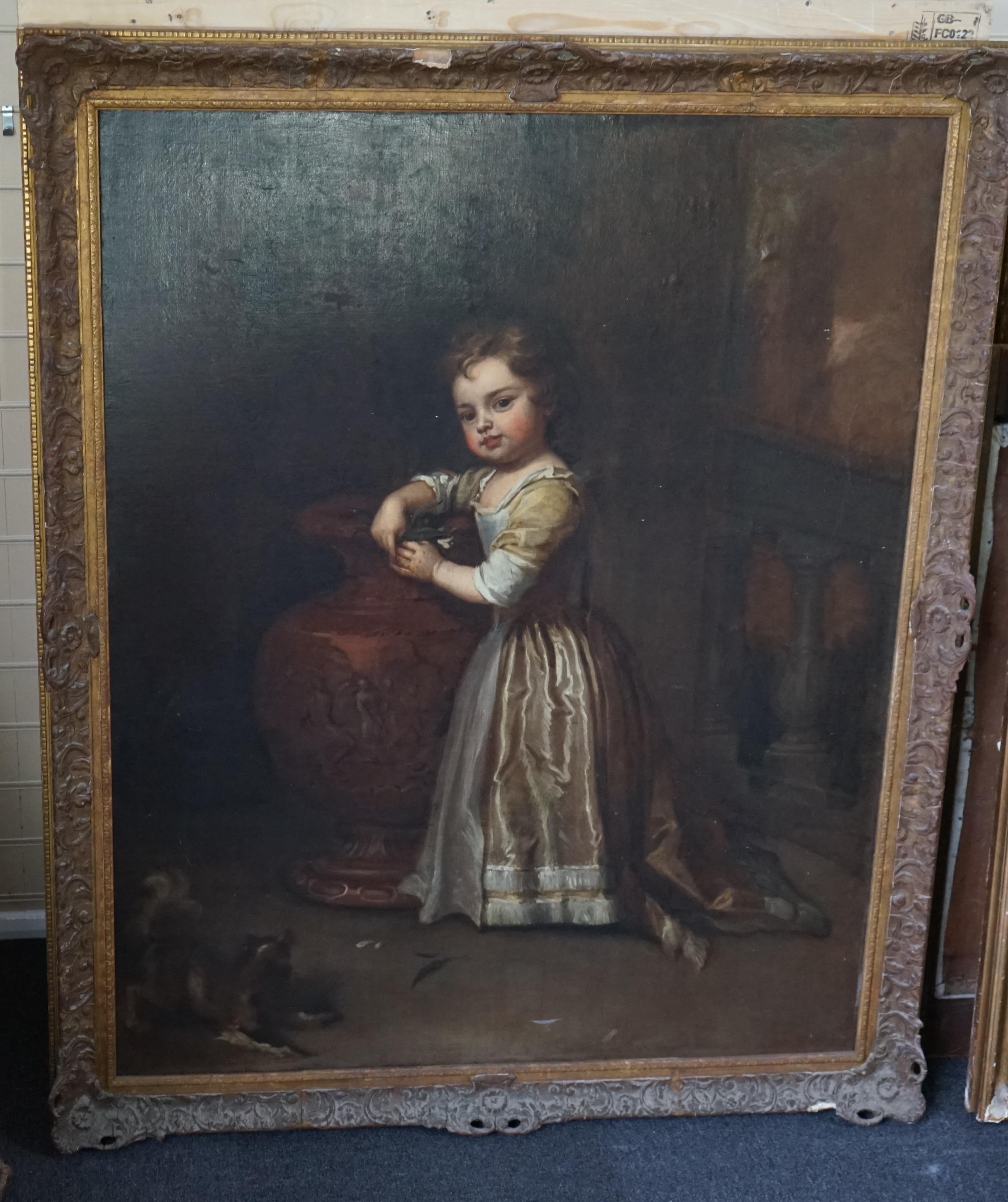 Studio of Sir Godfrey Kneller (1646-1723), Portrait of a child standing full length beside a classical urn, a small dog at her feet, oil on canvas, 126 x 101cm